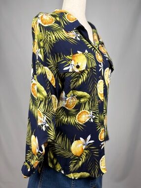 Alberto Makali Tropical Citrus Print Blouse Navy Orange Resort Button Up M